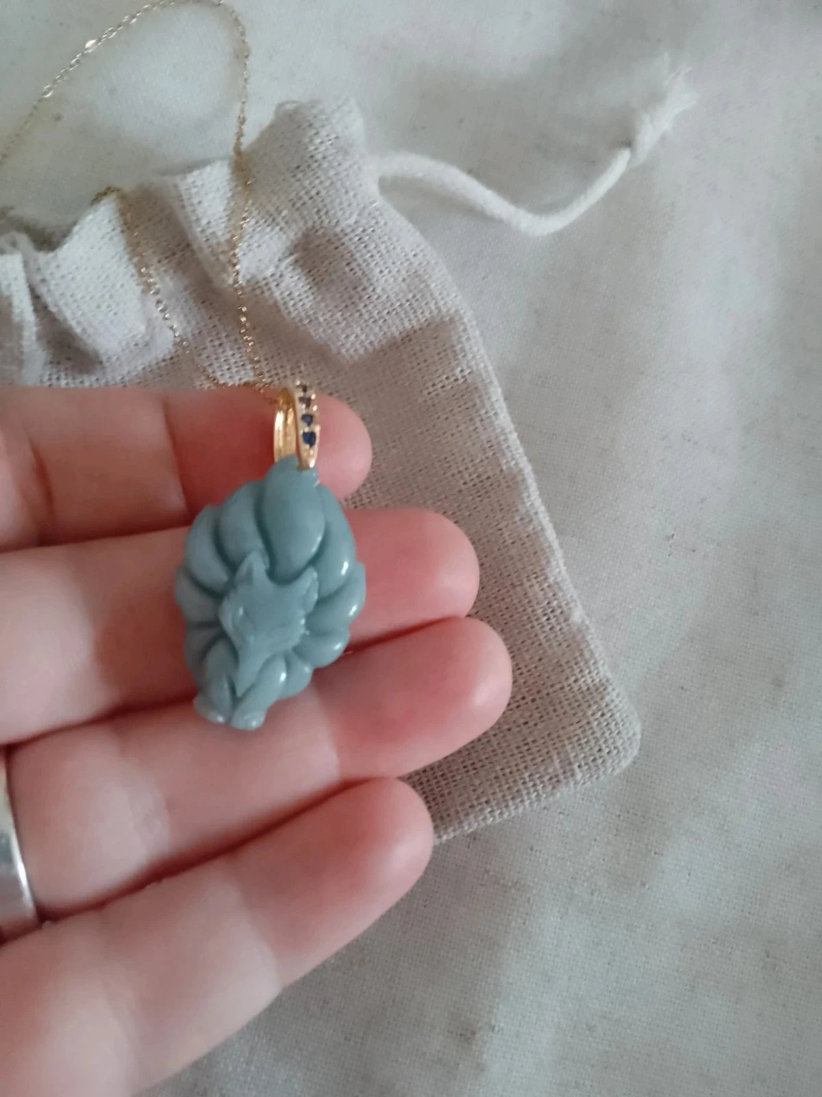 Collier pendentif renard à neuf queues kitsune japonais kiubi en jade naturelle – photo 2